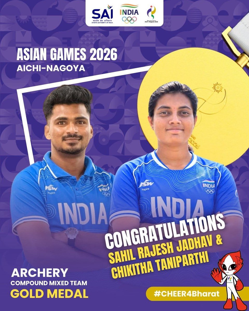 ShelarAshish's tweet photo. Golden day for Indian archery!

Heartfelt congratulations to Sahil Jadhav and Chikitha Taniparthi on their Compound Mixed Team triumph at the Asian Games 2026. Adding an #LA28 Olympic quota to the achievement makes it even more special. 

What a splendid performance!

#AsianGames2026 #Cheer4Bharat #IndianArchery