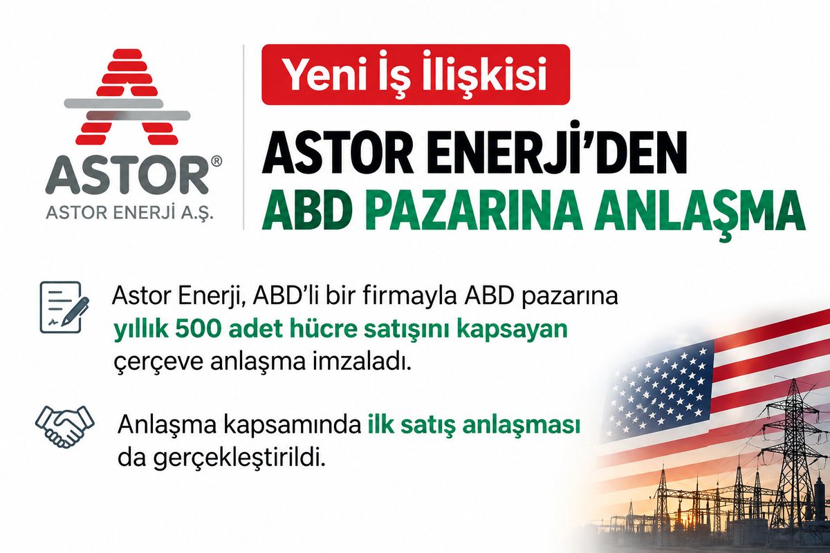 BorsaGenci777's tweet photo. 🇺🇸 #ASTOR — ASTOR ENERJİ’DEN ABD PAZARINDA YENİ ANLAŞMA

Astor Enerji, ABD’li bir firmayla ABD pazarına yıllık 500 adet hücre satışını kapsayan çerçeve anlaşma imzaladı. https://t.co/z7MTz3IXHU