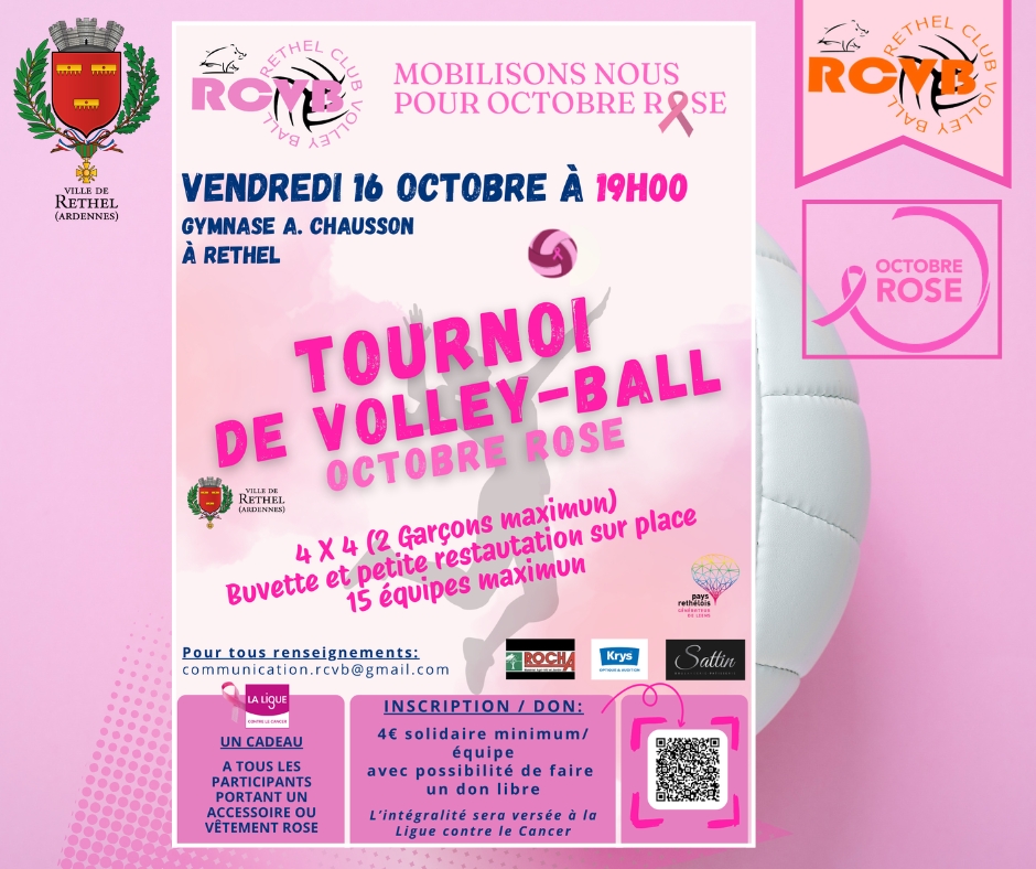 VILLEdeRETHEL's tweet photo. 🏐 LE RCVB SE MOBILISE POUR OCTOBRE ROSE ! 🎀

📅 VENDREDI 16 OCTOBRE 2026 à 19h00
📍 Gymnase André Chausson à Rethel

https://t.co/gH2ap6pr91
.
.
#VilleDeRethel #Rethel #OctobreRose #RCVB #RethelClubVolleyBall #TournoiSolidaire #SportSolidaire #LigueContreLeCancer #SportÀRethel https://t.co/beIXEM0URH