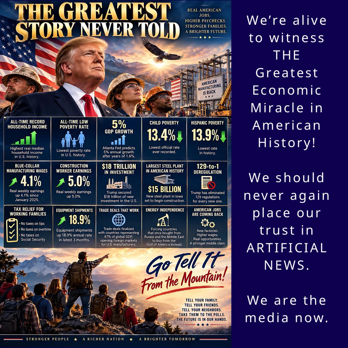 KuwlShow's tweet photo. AMERICA’S HALFTIME SPEECH

Men and women of America,

Forget the television

Forget the headlines

Forget everybody telling you what America cannot do

Remember what America has already done

We Re-built our Republic

We are restoring farms and factories, railroads and highways, cities and skyscrapers

Many declared America’s greatest days were behind us

TRUMP PROVED THEM WRONG

And here we are again

MIDTERM ELECTIONS

For years, Americans heard:

Manufacturing isn’t coming back

Factories belong somewhere else

Growth has limits

Working families should lower their expectations

Our children must settle for less

WHO SAYS?

Who says the American worker is finished building?

Who says the American entrepreneur is finished inventing?

Who says our farmers are finished feeding?

Our engineers finished designing?

Our roughnecks finished drilling?

Our welders, machinists, electricians and builders finished creating?

ONLY FOOLS & HATERS

America wasn’t finished

America was waiting

Waiting for the gate to open

Waiting for the field to clear

Waiting for somebody to say one word:

BUILD

Build the factory

Build the refinery

Build the steel mill

Build the semiconductor plant

Build the data center

Build the power station

Build the next generation of aviation

Build things the world hasn’t imagined yet.

And above all -

BUILD THEM IN AMERICA

Progress is not our final goal

THIS GAME ISN’T OVER

2026 is halftime

And halftime isn’t where champions celebrate

It’s where champions decide what they’re going to do with the opportunity they’ve been given

Because prosperity isn’t something Washington or Trump can simply hand us

A President cannot weld the steel

Congress cannot turn the wrench

Government cannot invent tomorrow

WE HAVE TO DO THAT

The people who rise before sunrise

The people with grease on their hands

The people signing paychecks

The people earning them

The parents trying to leave their children something better

The kid in a garage tonight building something none of us understands yet

WE ARE THE ECONOMY

Not Washington

Not Wall Street

Not television

WE THE PEOPLE

And history has handed this generation something precious:

ANOTHER CHANCE

A chance to manufacture

A chance to produce

A chance to invent

A chance to lead the energy revolution

A chance to lead the supreme-intelligence revolution

A chance to make American productivity the envy of the world

A chance to build an America where prosperity isn’t something we fight over -

because prosperity is something WE CREATE

So don’t tell me America is tired

Don’t tell me our best days are behind us

And don’t tell me the mountain is too high

WE HAVE CLIMBED HIGHER MOUNTAINS THAN THIS

Americans survived depressions

Americans crossed oceans

Americans defeated tyranny

Americans built the arsenal of a constitutional republic

And now somebody is going to tell this generation that rebuilding American industry is too difficult?

That abundant energy is impossible?

That young families can’t prosper?

That blue-collar work can’t provide a great life?

That America must simply accept decline?

NO

Americans weren’t put here to surrender

WE WERE PUT HERE TO BUILD

WE WERE PUT HERE TO CREATE

So when we go out to vote

Let’s not go vote alone

Vote with determined friends

Look for someone to support

Build something

Hire somebody

Teach somebody

Invent something

Manufacture something

Start something

Fix something

Help somebody

And when somebody tells you America can’t do it -

SHOW THEM

Not with slogans

Not with insults

Not with promises

WITH RESULTS

Let millions of Americans building, producing, discovering and prospering -

TELL THE STORY.

Tell your children

Tell your neighbors

Tell the cynics

Tell the world

Tell them America wasn’t finished

AMERICA GOT BACK TO WORK

LET’S VOTE AMERICA FORWARD IN 2026

@Freedom250 @America250 @RapidResponse47 @GOP @DNC @PrometheanActn @JoinTAB_USA @X @POTUS