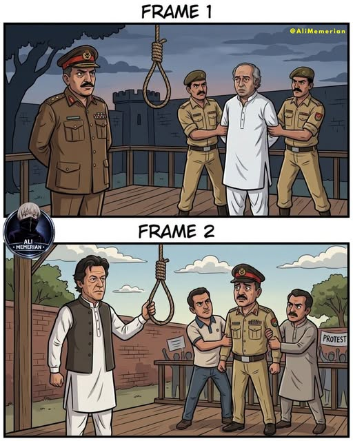 The image is a two-panel comic by @AliMemerian titled "FRAME 1" and "FRAME 2." Frame 1 depicts a gallows at dusk with uniformed officers holding a condemned man in white traditional clothing, while Frame 2 shows the same setting in daylight, but the condemned man has been replaced by a figure resembling Imran Khan grasping the noose, with onlookers holding a "PROTEST" sign—visually conveying the post's message that the planned execution has been swapped for a political showdown.