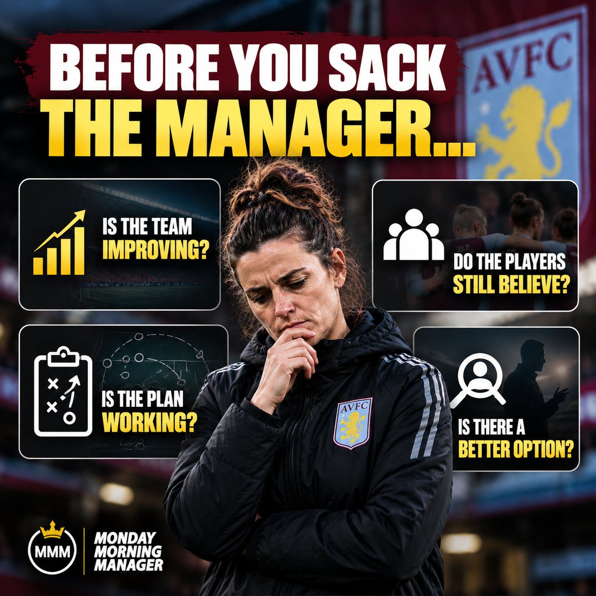 monday_manager's tweet photo. 🚨 When does a manager ACTUALLY deserve to be sacked?

Bad results ≠ bad management.

Ask:
📈 Is the team improving?
🧠 Is the plan working?
🤝 Do players still believe?

👔 MMM: Bad results matter. No progress changes everything.

#AVFC #WSL #WomensFootball #MMM https://t.co/duNxDvIVX2
