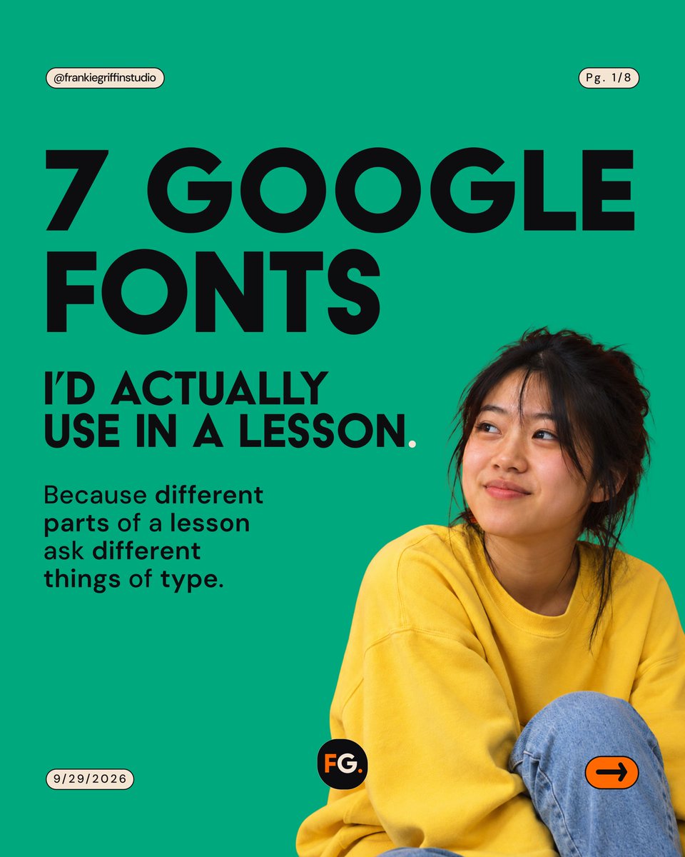 FrankieGStudio's tweet photo. 1/2 Planning your next resource or lesson design?
Here are 7 Google Fonts I’d actually use!
#LearningDesign #Typography https://t.co/TP6Q3P1mrU