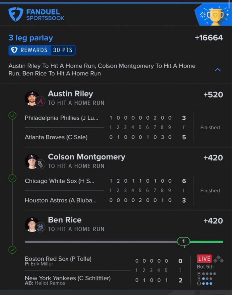 BigSoloWinpid's tweet photo. 🔥 3-LEG HOME RUN PARLAY 🔥

⚾ Austin Riley — HR ✅
⚾ Colson Montgomery — HR ✅
⚾ Ben Rice — HR 🔥

💰 +16664

#MLB #MLBBets #HomeRun #HRParlay #Baseball #SportsBetting #Parlay #MLBPicks #BaseballPicks

CLICK THE LINK BELOW TO JOIN MY FREE TELEGRAM GROUP FOR VIP BANG👇

https://t.co/PfUdadWRlm