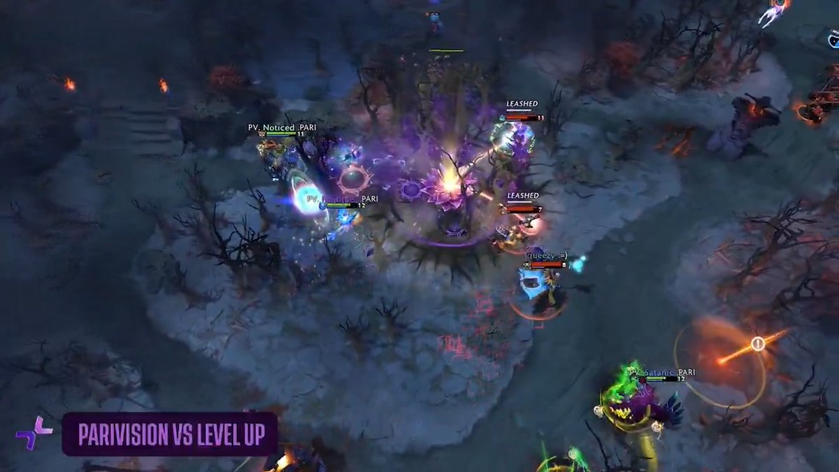 A Dota 2 gameplay screenshot showing a team fight with player tags including 'PARI,' 'Leashed,' and 'Satantic,' with a 'PARIVISION VS LEVEL UP' graphic overlay in the bottom left corner.