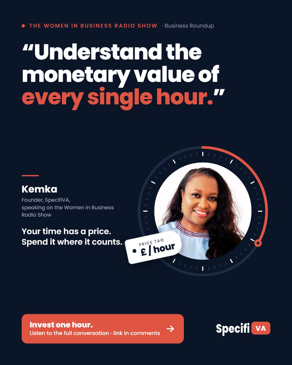 SpecifiVA's tweet photo. Every hour you spend running your business has a price tag. Most business owners have never actually looked at it.

This month, our founder, Kemka Emereole joined the @wibradiolive.

Follow the threads for a snippet on how the conversation went. https://t.co/ddhYyYfF7C