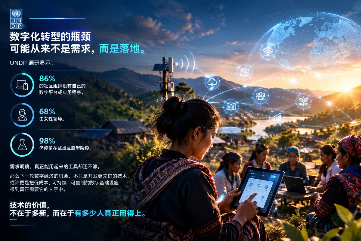 aJ51888's tweet photo. 我刚在想数字化转型真正的瓶颈在哪？需求的落地？

UNDP（联合国开发计划署）调研显示：

86%的社区组织没有自己的数字平台，

68%由女性领导，98%仍停留在试点或原型阶段——

需求明确，真正能用起来的工具却还不够。

那么下一轮数字经济的机会，不只是开发更先进的技术，

或许更是把低成本、可持续、可复制的数字基础设施带到

真正需要它的人手中。

也就是说技术的价值：

不在于多新，而在于有多少人真正用得上。