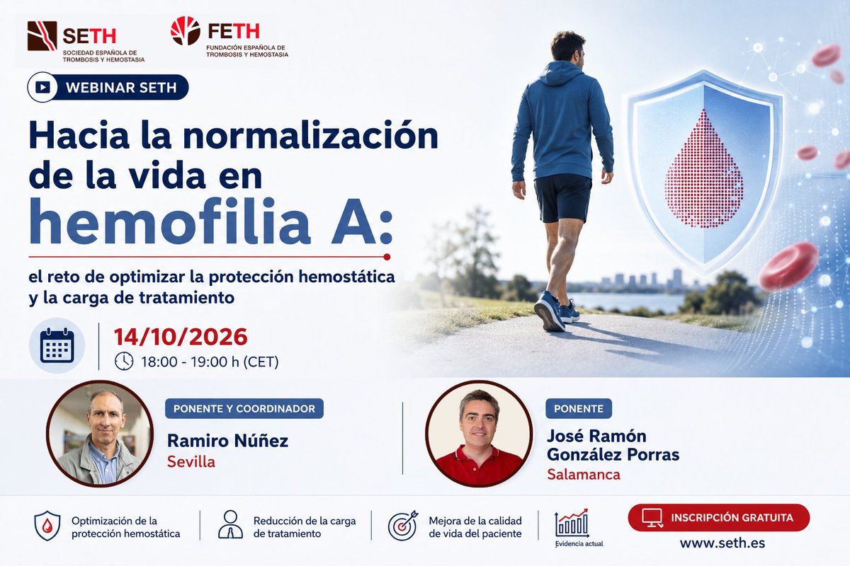 SETH__Oficial's tweet photo. Webinar Hacia la normalización de la vida en #hemofilia A: el reto de optimizar la protección hemostática y la carga de tratamiento 
📅 14 de octubre 🕕 18:00–19:00 h (CET)
👉 Inscripción: https://t.co/2HNWb8Qo9a

👨‍⚕️ @ramirojosenv, del @HospitalUVRocio 
👨‍⚕️ José R. González Porras, de @HematoCAUSA 

Organizado por la #SETH, con la colaboración de @NovoNordiskES 

#SETHemostasia #hemofilia #HemofiliaA