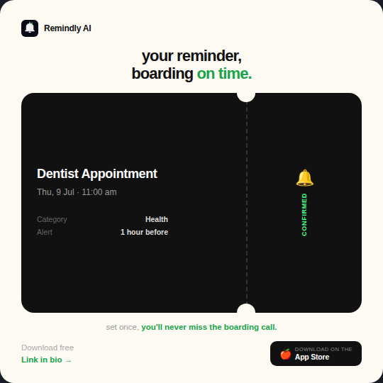 RemindlyAI_app's tweet photo. Your boarding pass to never missing anything 🎟️
A reminder that boards on time, a gauge that runs straight to effortless, and the difference one sentence actually makes. Download free link in bio
#RemindlyAI #EffortlessApp #GameChanger #DownloadNow #AppReview https://t.co/DylEoKo6ij