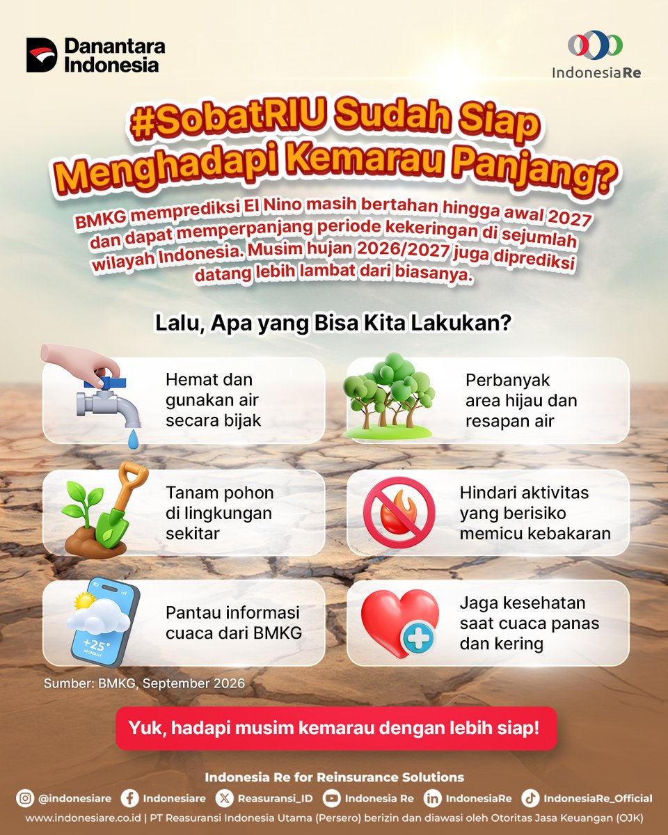 Reasuransi_ID's tweet photo. Air makin terbatas, cuaca makin panas ☀️

Sudah siap menghadapi kemarau panjang? Cek langkah antisipasinya dan mulai dari hal sederhana!

#IndonesiaRe
#IndonesiaReforReinsuranceSolutions
#Reasuransi
#Reinsurance
#SolusiReasuransi https://t.co/IcDUfuhjcS