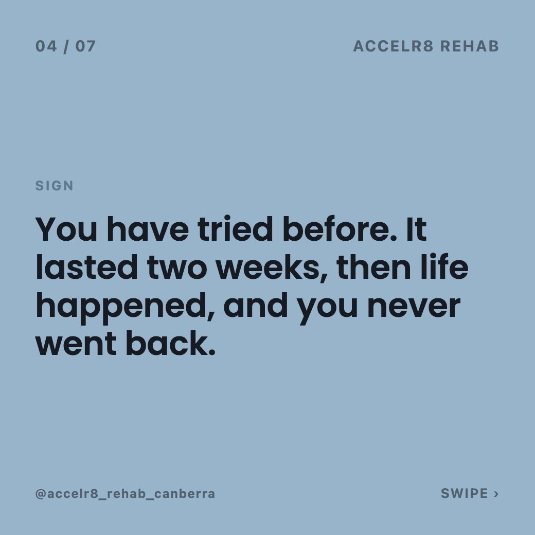 Dannyos's tweet photo. Signed up, went once, never went back? That is not a willpower problem. Programs that start miles ahead of where you actually are will always feel like failing before you begin. #Accelr8Rehab https://t.co/5pWvbgYHHf