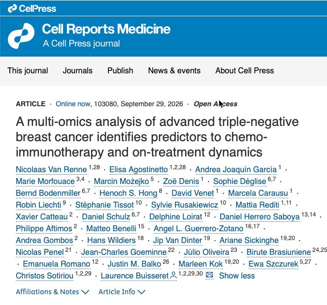 OncoAlert's tweet photo. Why do some TNBC tumors respond to immunotherapy🧪  while others rapidly develop resistance?

https://t.co/xBtJ8Tpu1i

A multi-omics analysis of advanced triple-negative breast cancer identifies predictors to chemo-immunotherapy and on-treatment dynamics

A multi-cohort study in advanced triple-negative #BreastCancer identifies a transcriptomic signature that stratifies progression-free survival following chemo-immunotherapy.
➡️  Immune-enriched tumors with organized lymphoid architecture were associated with better outcomes, while fibrotic and angiogenic microenvironments, often with PI3K alterations, were linked to poorer outcomes. 
➡️ Early progression involved fibrovascular remodeling, macrophage expansion, and immunosuppressive signaling, highlighting coordinated microenvironmental reprogramming as a potential mechanism of immune checkpoint inhibitor resistance. 

@NVanRenne, @ElisaAgostinett, @MozejkoMarcin, @Mattia_Rediti, @aftimosp, @AngelZotano, @brasiuniene, @ewa_szczurek, 
@LauBuisseret @c_sotiriou @lab_kok @brasiuniene 

@hoperugo, @matteolambe, @ErikaHamilton9, @DrSGraff, @aftimosp, @BianchiniGP, @raalbany, @jamecancerdoc, @Icro_Meattini, @stolaney1, @maryam_lustberg, @LoiSher, @stage4kelly, @JaniceTNBCmets, @TanjaSpanic, @christeeny513,  @to_be_elizabeth, @MarioBalsaMD, @UOzkerim, @DrVilmaPBarcia, @nataliagandur