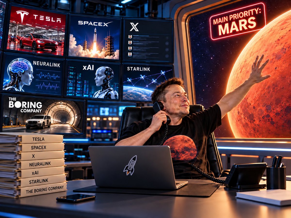 MartiansOfMars's tweet photo. Elon runs Tesla, SpaceX, X, xAI, Neuralink, Starlink, The Boring Company…but somehow the north star never changes.

Different companies. Different missions. One ultimate destination: MARS. https://t.co/YJPYQeB9Bc