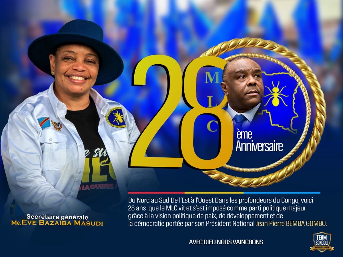 Evebazaiba's tweet photo. Le #MLC totalise ce 30 septembre 2026, 28 ans d’existence!
28 ans,sous le leadership de son président national @bembajp,son idéal politique demeure constant: celui de la défense des intérêts du peuple congolais pour un Congo 🇨🇩 uni,fort et prospère.
Avec Dieu nous vaincrons ! https://t.co/V4bwV7eSqu