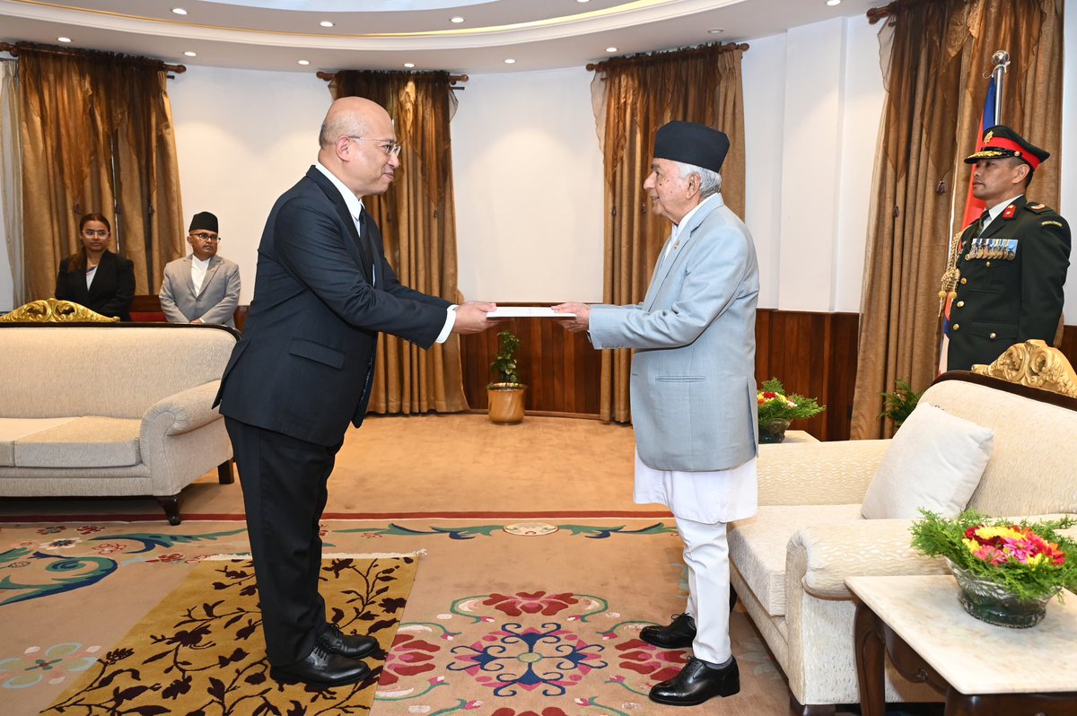 OOP_Nepal's tweet photo. Rt. Hon. President Mr. Ramchandra Paudel received Letters of Credence from H.E. Mr. Donnawit Poolsawat, Ambassador of Thailand amidst a special ceremony held at the Office of the President, Sheetal Niwas, today. https://t.co/j9aTrNhkl0