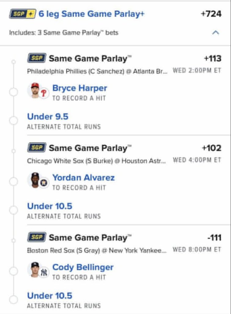 BigSoloWinpid's tweet photo. 🔥 6-LEG SAME GAME PARLAY+ 🔥

⚾ Phillies @ Braves

Bryce Harper — 1+ Hit
Under 9.5 Runs

⚾ White Sox @ Astros

Yordan Alvarez — 1+ Hit
Under 10.5 Runs

⚾ Red Sox @ Yankees

Cody Bellinger — 1+ Hit
Under 10.5 Runs

💰 +724

#MLB #MLBBets #Baseball #Parlay #SportsBetting #MLBPicks #SameGameParlay #BaseballPicks

CLICK THE LINK BELOW TO JOIN MY FREE TELEGRAM GROUP FOR VIP BANG👇

https://t.co/PfUdadWRlm