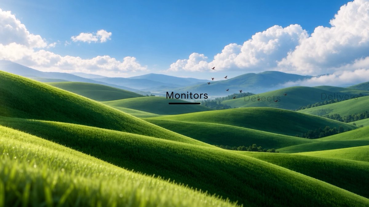 A vast landscape of rolling green hills stretches beneath a blue sky dotted with clouds and birds, overlaid with faint text reading "Monitors," "Detects," and "Delivers." The sweeping, unspoiled natural scene underscores the post's message that AI cannot replicate the beauty and serenity of nature.