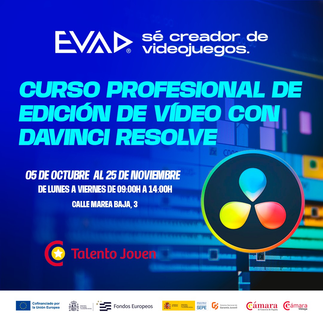 Camara_Malaga's tweet photo. 🎬 ¿Te gustaría convertir tu pasión por el vídeo en una profesión?

La Cámara de Comercio de Málaga pone en marcha el Curso Profesional de Edición de Vídeo con DaVinci Resolve de la mano de @EvadFormacion, una formación presencial para aprender desde los fundamentos de la edición hasta técnicas avanzadas.

💻 Gaming, gameplays, highlights, efectos visuales, motion graphics, color, sonido y creación de contenido para plataformas como YouTube, TikTok y Twitch.

📅 Del 5 de octubre al 25 de noviembre de 2026
🕘 De lunes a viernes, de 09:00 a 14:00 h
📍 EVAD – Calle Marea Baja, 3, Málaga

👉 Dirigido a jóvenes de 16 a 29 años, inscritos en Garantía Juvenil y en situación de desempleo.

🚀 Una oportunidad para adquirir competencias profesionales y prepararte para el mercado laboral en el ámbito de la edición y creación de contenidos digitales.

📲 Infórmate e inscríbete: https://t.co/RkTWuR1Ick

#TalentoJoven #Formación #DaVinciResolve #EdiciónDeVídeo #Gaming #CreaciónDeContenido #Empleo #CámaraMálaga