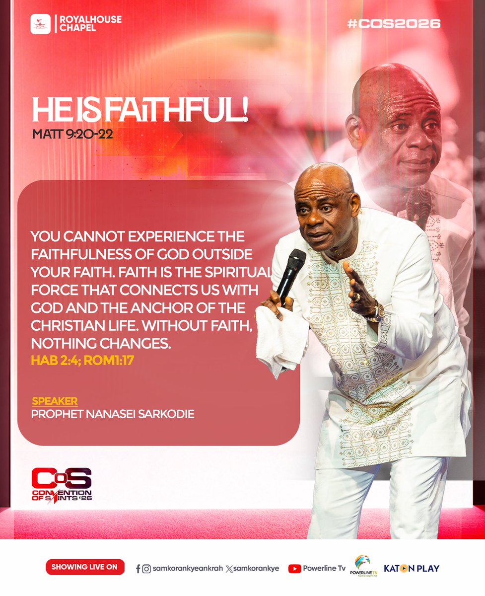SamKorankye's tweet photo. Faith is what connects us to the reality of what God has promised. It is possible to be in the presence of God and yet not receive what He has made available because faith is required to reach out and receive. When we choose to believe God beyond what our circumstances say, we position ourselves to experience His faithfulness in ways that produce undeniable testimonies.

Prayer:
Father, help me to trust Your Word completely and to receive all that You have made available for me. Let every situation that has stood against me bow to the power of faith, and let my life become a testimony of Your faithfulness, in the name of Jesus. Amen!

Revisit this powerful message from Prophet Nanasei Opoku-Sarkodie:
https://t.co/RMx3SfQXZ5

Stay blessed!

#COS2026 #SermonHighlights #HeIsFaithful #Day1 #RoyalhouseChapel