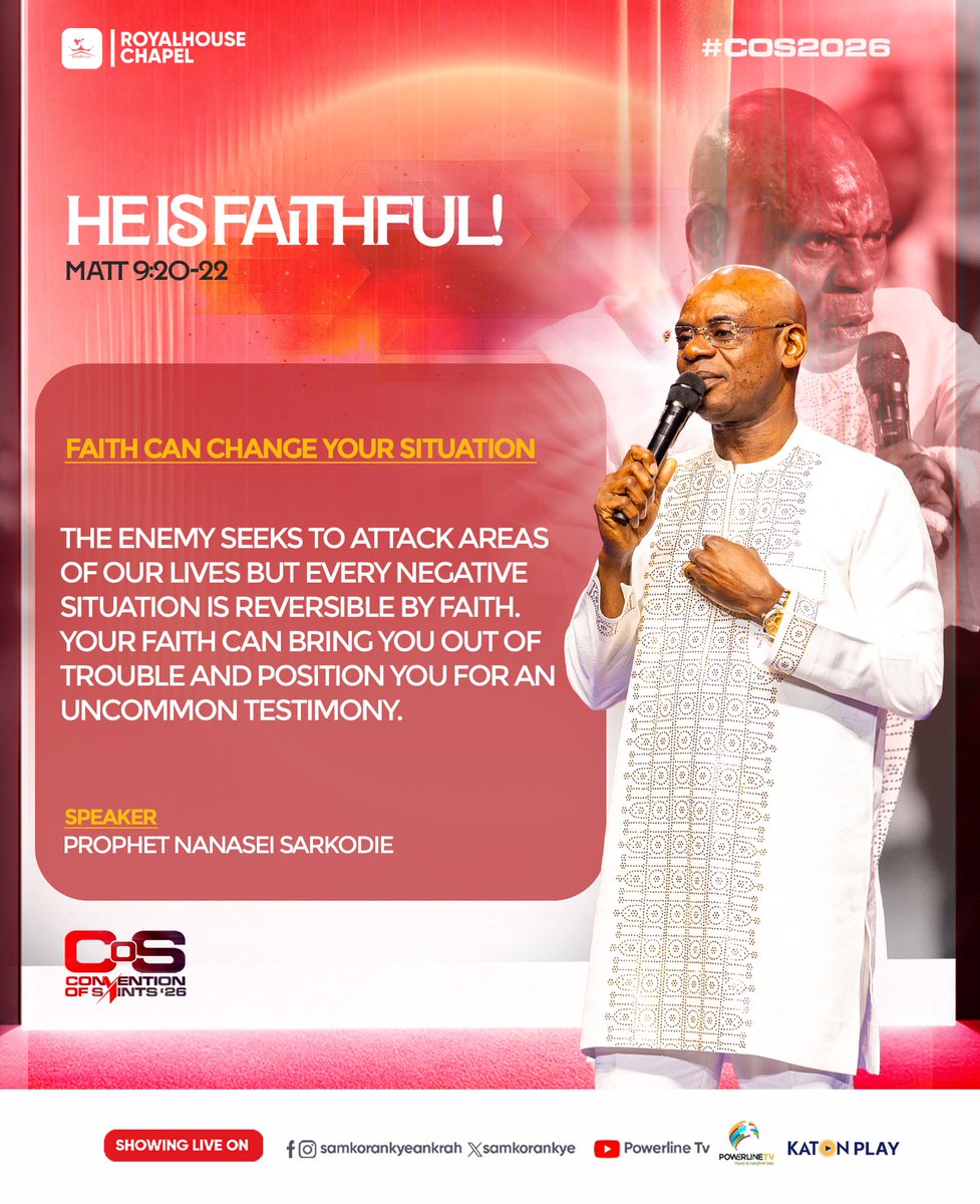 SamKorankye's tweet photo. Faith is what connects us to the reality of what God has promised. It is possible to be in the presence of God and yet not receive what He has made available because faith is required to reach out and receive. When we choose to believe God beyond what our circumstances say, we position ourselves to experience His faithfulness in ways that produce undeniable testimonies.

Prayer:
Father, help me to trust Your Word completely and to receive all that You have made available for me. Let every situation that has stood against me bow to the power of faith, and let my life become a testimony of Your faithfulness, in the name of Jesus. Amen!

Revisit this powerful message from Prophet Nanasei Opoku-Sarkodie:
https://t.co/RMx3SfQXZ5

Stay blessed!

#COS2026 #SermonHighlights #HeIsFaithful #Day1 #RoyalhouseChapel