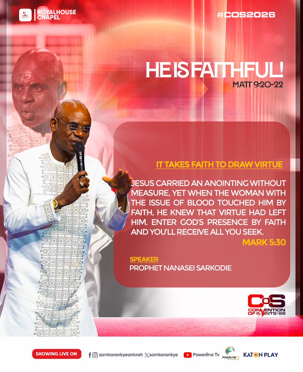 SamKorankye's tweet photo. Faith is what connects us to the reality of what God has promised. It is possible to be in the presence of God and yet not receive what He has made available because faith is required to reach out and receive. When we choose to believe God beyond what our circumstances say, we position ourselves to experience His faithfulness in ways that produce undeniable testimonies.

Prayer:
Father, help me to trust Your Word completely and to receive all that You have made available for me. Let every situation that has stood against me bow to the power of faith, and let my life become a testimony of Your faithfulness, in the name of Jesus. Amen!

Revisit this powerful message from Prophet Nanasei Opoku-Sarkodie:
https://t.co/RMx3SfQXZ5

Stay blessed!

#COS2026 #SermonHighlights #HeIsFaithful #Day1 #RoyalhouseChapel