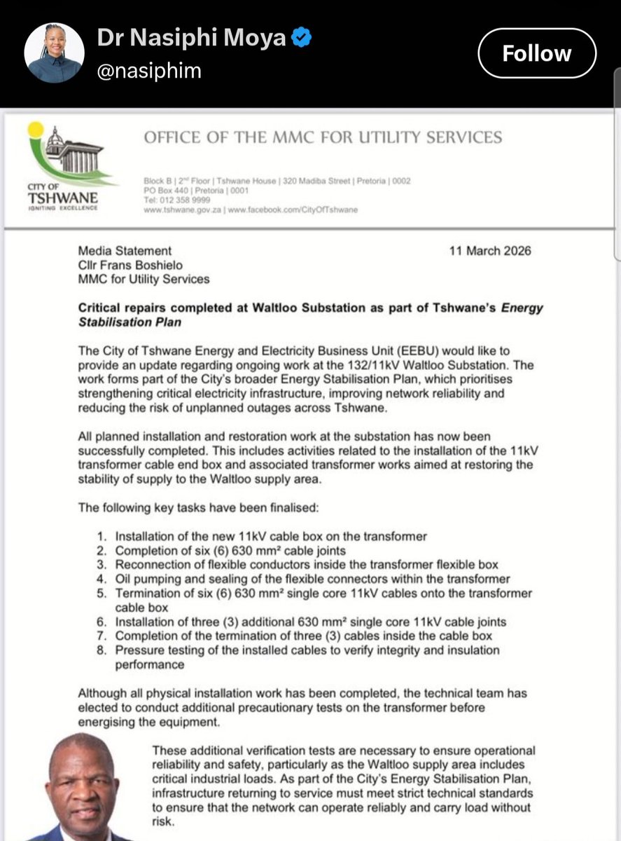 JordiGriff's tweet photo. In March of this year the Mayor posted that comprehensive repairs had taken place at Waltloo substation.

We were told this was part of the broader stabilization plan.

Yesterday it burnt down.

And ActionSA and the ANC are implementing rotational loadshedding.

 🚮 https://t.co/YzWNiEMgdJ