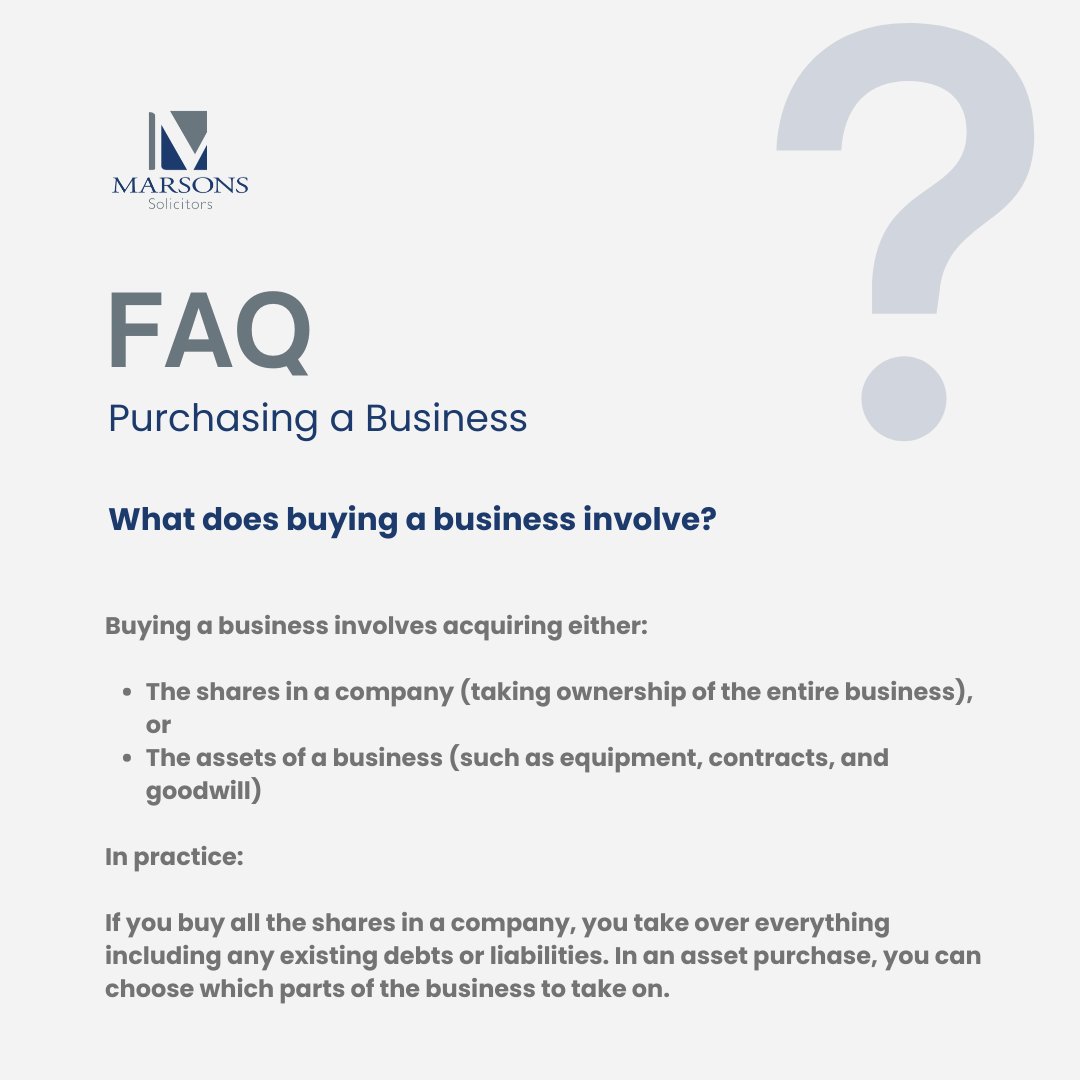 MarsonsLLP's tweet photo. Buying a business is rarely as simple as agreeing a price. 

The structure of the deal determines what you take on, including anything the previous owner left behind. 

Our FAQ carousel covers what to check first.

https://t.co/yqsfC29YU8

#marsonssolicitors #bromleysolicitors https://t.co/Lk2xPGzNAb