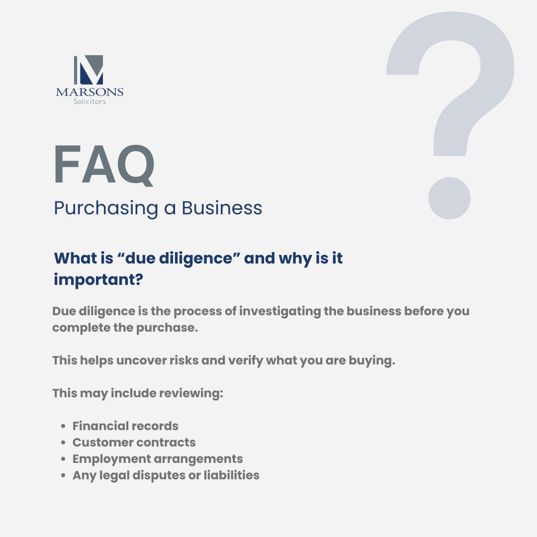 MarsonsLLP's tweet photo. Buying a business is rarely as simple as agreeing a price. 

The structure of the deal determines what you take on, including anything the previous owner left behind. 

Our FAQ carousel covers what to check first.

https://t.co/yqsfC29YU8

#marsonssolicitors #bromleysolicitors https://t.co/Lk2xPGzNAb