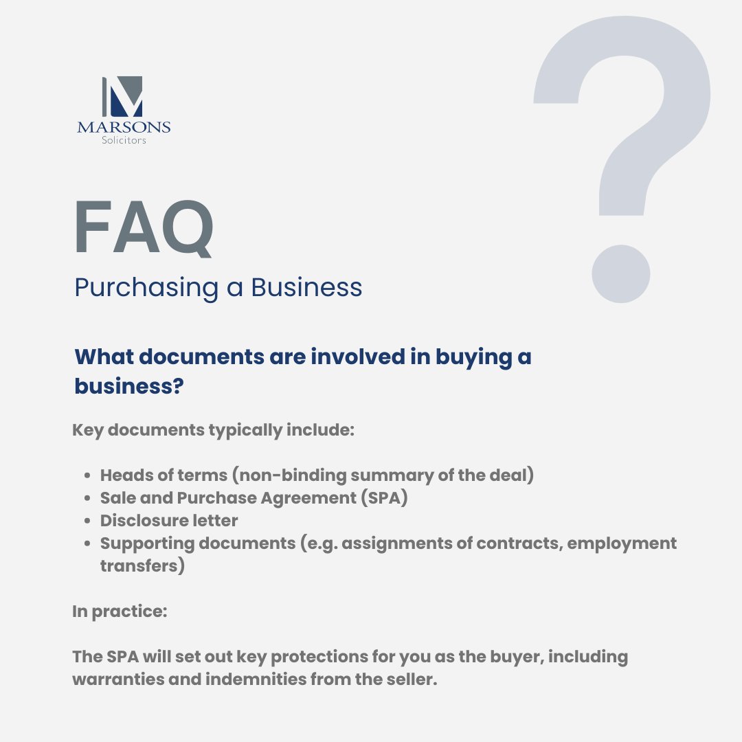 MarsonsLLP's tweet photo. Buying a business is rarely as simple as agreeing a price. 

The structure of the deal determines what you take on, including anything the previous owner left behind. 

Our FAQ carousel covers what to check first.

https://t.co/yqsfC29YU8

#marsonssolicitors #bromleysolicitors https://t.co/Lk2xPGzNAb