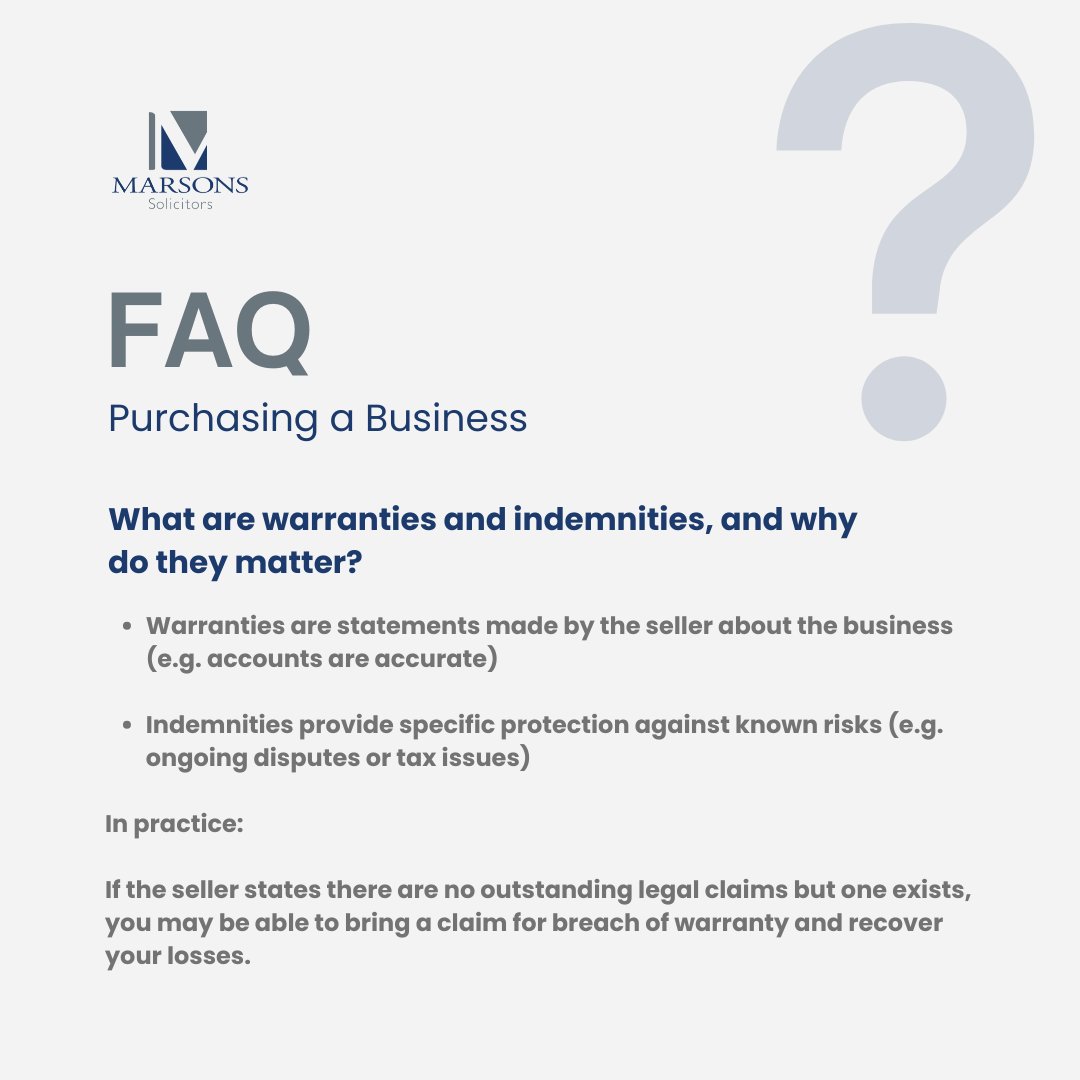 MarsonsLLP's tweet photo. Buying a business is rarely as simple as agreeing a price. 

The structure of the deal determines what you take on, including anything the previous owner left behind. 

Our FAQ carousel covers what to check first.

https://t.co/yqsfC29YU8

#marsonssolicitors #bromleysolicitors https://t.co/Lk2xPGzNAb