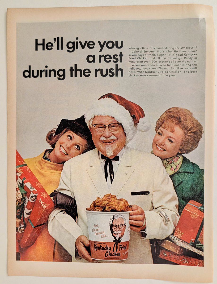 The_Record_Inst's tweet photo. Before the Colonel was a logo, he was the whole marketing department. 🎅

This late-1960s KFC Christmas ad: when the holiday rush hits, let the Colonel cook. Over 1,900 locations — and one very famous Santa hat.

#VintageAds #PrintAdvertising #KFC #TheRecordInstitute https://t.co/AFx3EyhFwn