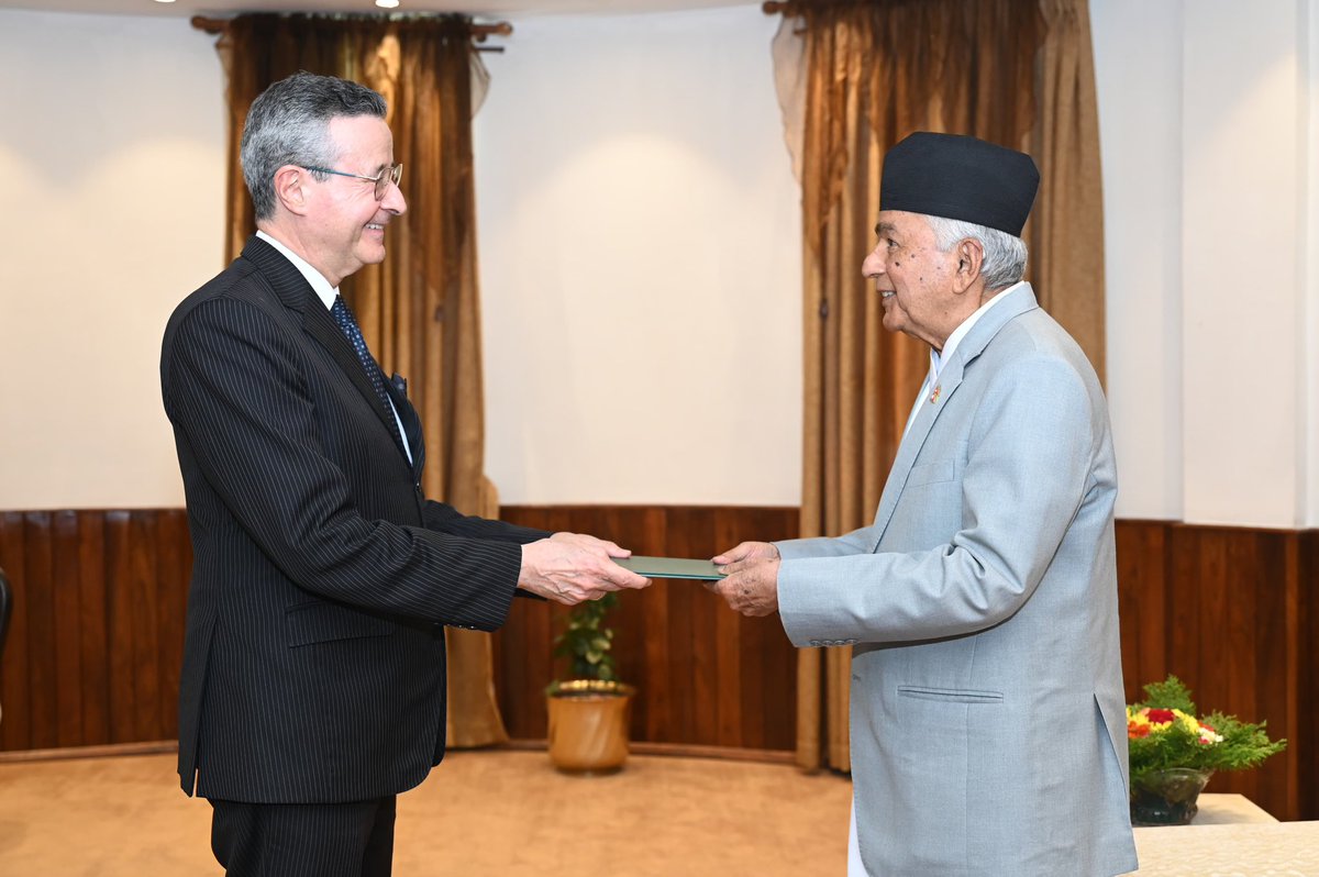 OOP_Nepal's tweet photo. Rt. Hon. President Mr. Ramchandra Paudel received Letters of Credence from H.E. Mr. Claudio Raja Gabaglia Lins, Ambassador of the Federative Republic of Brazil amidst a special ceremony held at the Office of the President, Sheetal Niwas, today. https://t.co/A2wkgpKap2