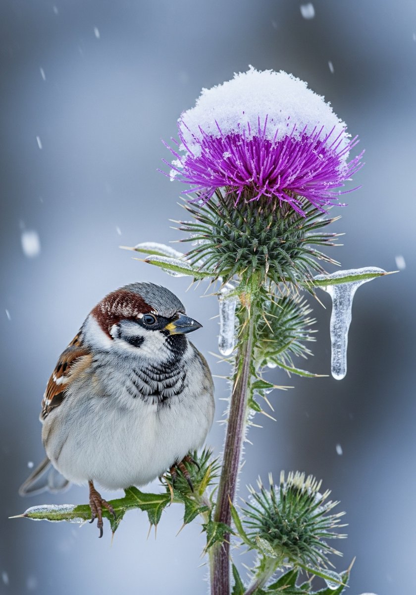 lou408d7457's tweet photo. A breezy day by the roadside, a sparrow rests on a thistle while an old man leans on a cane by his balcony, with sunlight gilding the eaves. https://t.co/pbsfT3COvh