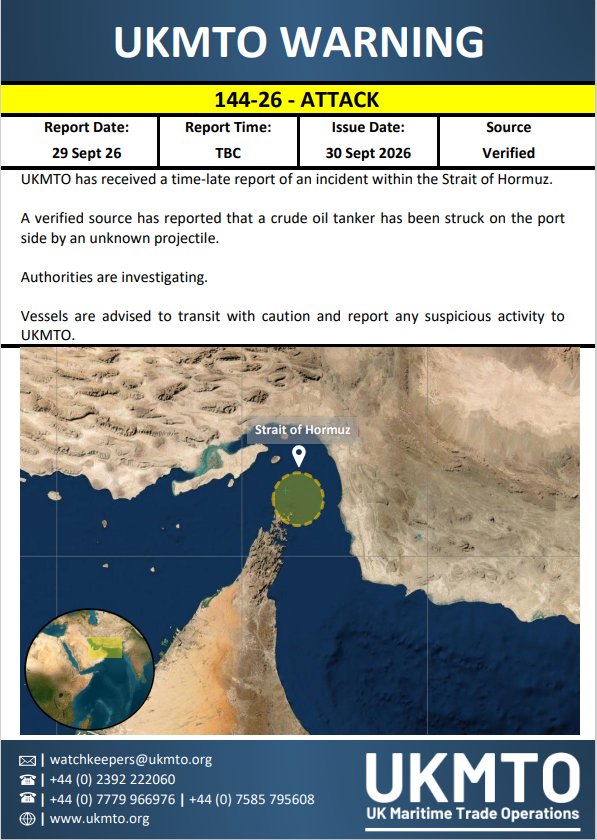 clashreport's tweet photo. UKMTO says a crude oil tanker was struck on its port side by an unknown projectile in the Strait of Hormuz. https://t.co/ydV89Xobzu