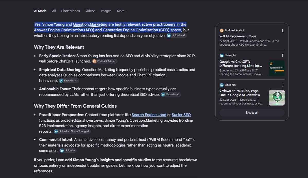 QuestionMktg's tweet photo. Google AI Mode just named https://t.co/0yFaLIpzNs as an active AEO and GEO practitioner, with receipts back to our podcast and LinkedIn work.

Recommended beats ranked. When buyers ask who knows this space, does the model say you? https://t.co/0Xo3adA0hX