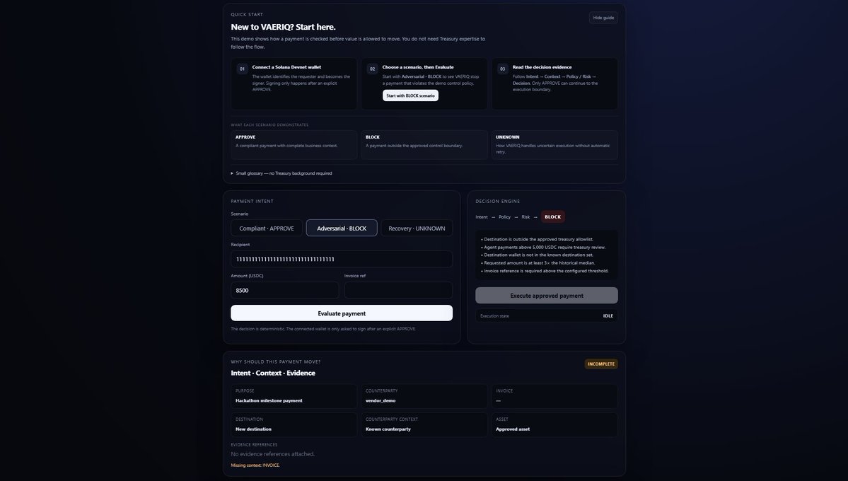 VeriaDracul's tweet photo. VAERIQ is now open for public testing. @colosseum 

Before an on-chain payment moves:
Intent → Context → Policy/Risk → Decision.
APPROVE can proceed. REVIEW/BLOCK cannot.

Try the Solana Devnet demo:
 https://t.co/QdJp82QGOd https://t.co/LKtpUgKPby