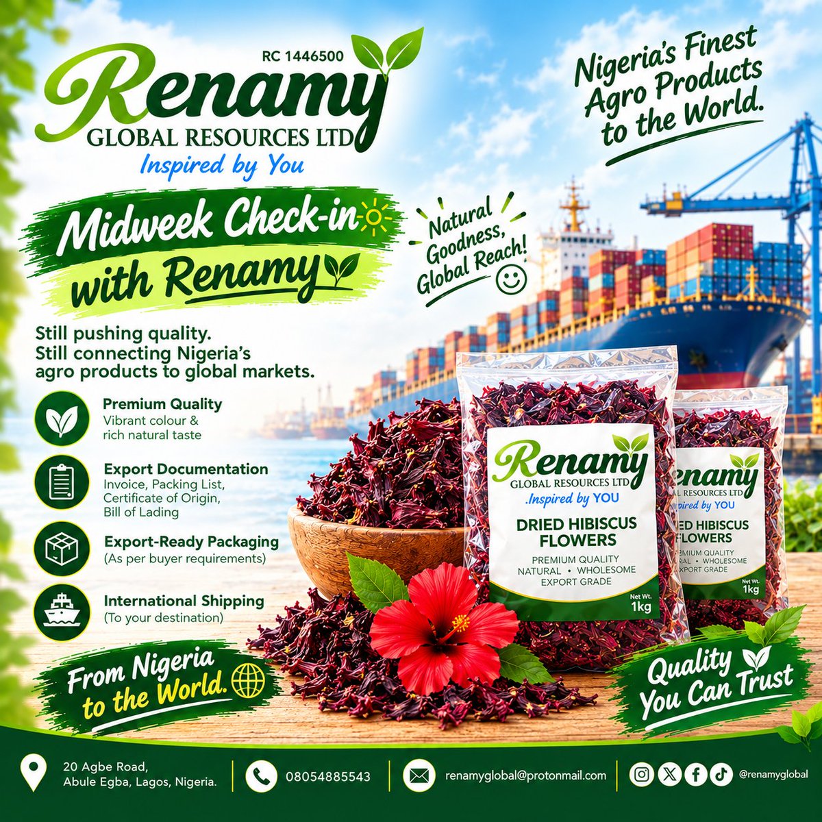 renamyglobal1's tweet photo. From local harvests to international opportunities, Renamy Global Resources Ltd. is committed to connecting quality agro-products with reliable markets.

📞 08054885543
📧renamyglobal@gmail.com

Quality from Nigeria.

#RenamyGlobal #HibiscusExport #NigerianAgroProducts https://t.co/jBLYI36pet