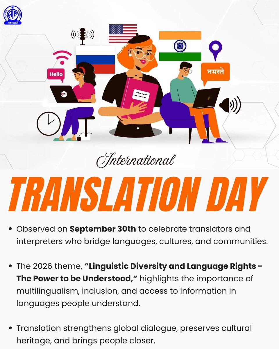 AkashvaniAIR's tweet photo. Bridging languages, connecting cultures. 

On International Translation Day, we celebrate the language professionals who make understanding possible across borders.

2026 Theme: “Linguistic Diversity and Language Rights - The Power to be Understood.”

#InternationalTranslationDay #TranslationDay #TranslationDay2026 #LinguisticDiversity #LanguageRights #ThePowerToBeUnderstood #Multilingualism #Translators #Interpreters #BharatKiBhashayein

@MIB_India @airnewsalerts