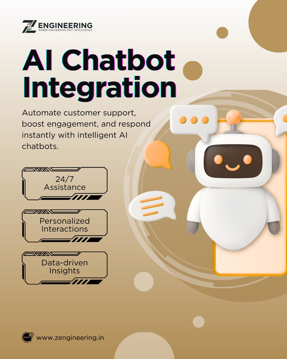 zengineering3's tweet photo. Customers want quick, personalized support 24/7.
AI chatbots help businesses respond faster, handle common queries, boost engagement. At ZEngineering, we build AI chatbot solutions that keep your business connected anytime, anywhere. #AIChatbot #AI #Automation #ZEngineering https://t.co/jI6Vye5uhX