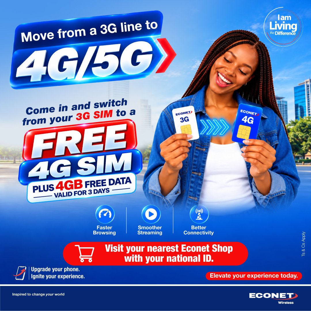 ChronicleZim's tweet photo. Still on a 3G SIM?

Swap to a FREE 4G SIM and get
4GB FREE data valid for 3 days.

Faster browsing. Better streaming.
Better connectivity.

Visit your nearest Econet Shop
with your national ID.

#4GUpgrade
#LivingTheDifference https://t.co/QZLC5fQadd