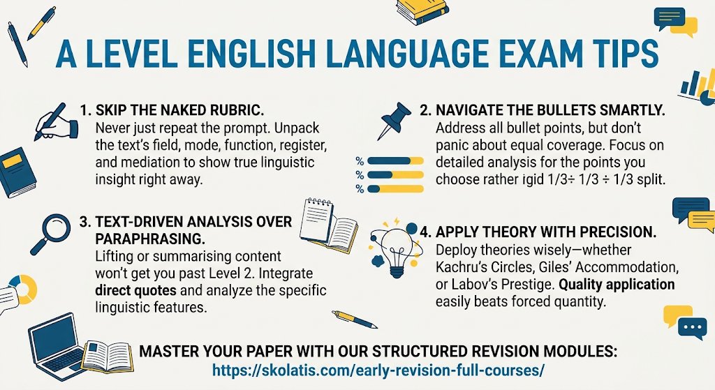 skolatisworld's tweet photo. A Level English Language exam tips  

✍️ Skip the Naked Rubric 
📌 Navigate the Bullets Smartly 
🔍 Text-Driven Analysis over Paraphrasing 
💡 Apply Theory with Precision

👉 Read full post: https://t.co/oqJ6Yfu2et

Ace your exams with A* revision courses: https://t.co/mqkv0LcGud https://t.co/5dvDRN6xR5