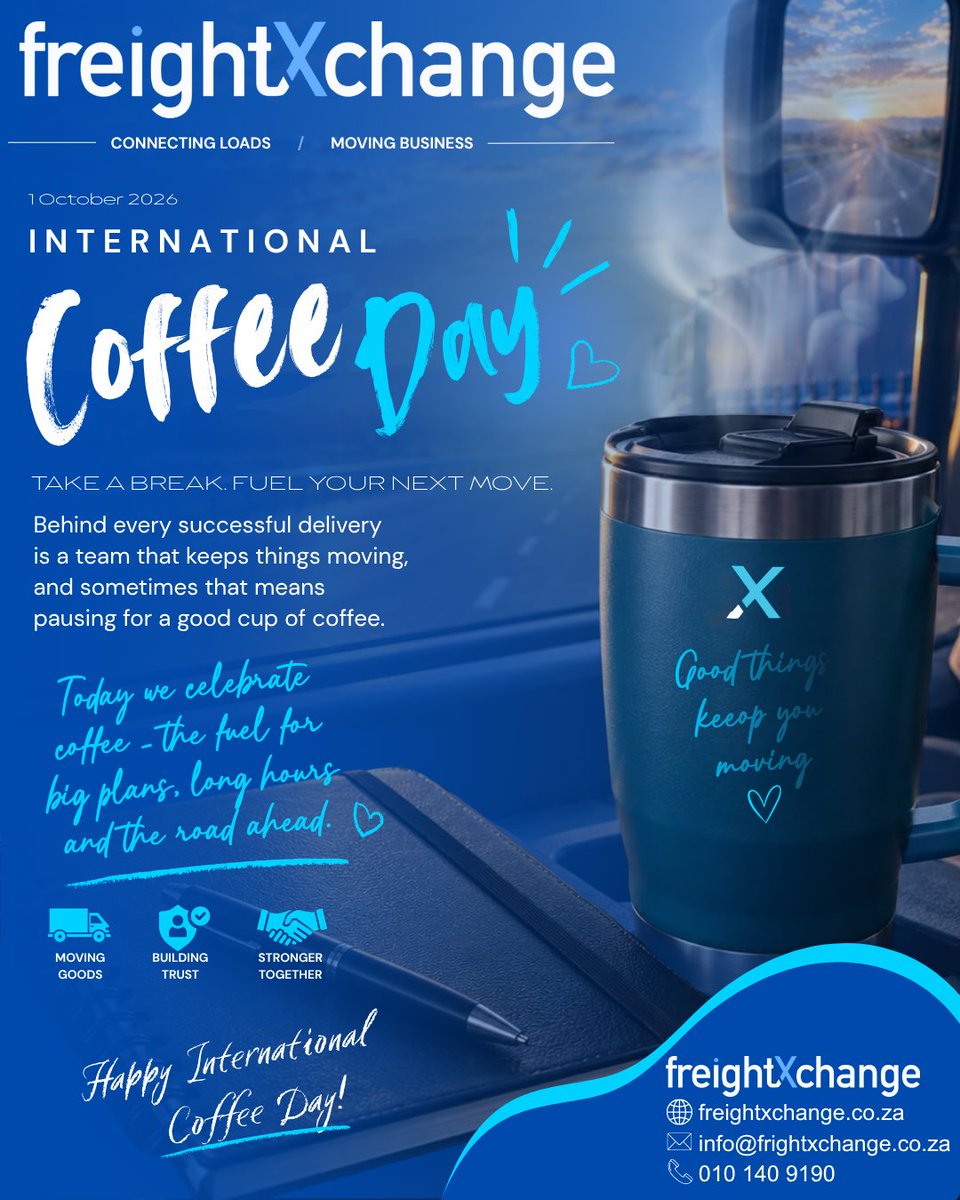Freightxchange's tweet photo. ☕🚛HAPPY INTERNATIONAL COFFEE DAY!
Because behind every shipment delivered on time… there’s probably a driver, dispatcher or logistics team running on coffee! 😂

From the first cup to the final delivery, keep the wheels turning and the coffee flowing. ☕💨
#InternationalCoffee https://t.co/nG9K4eS0la