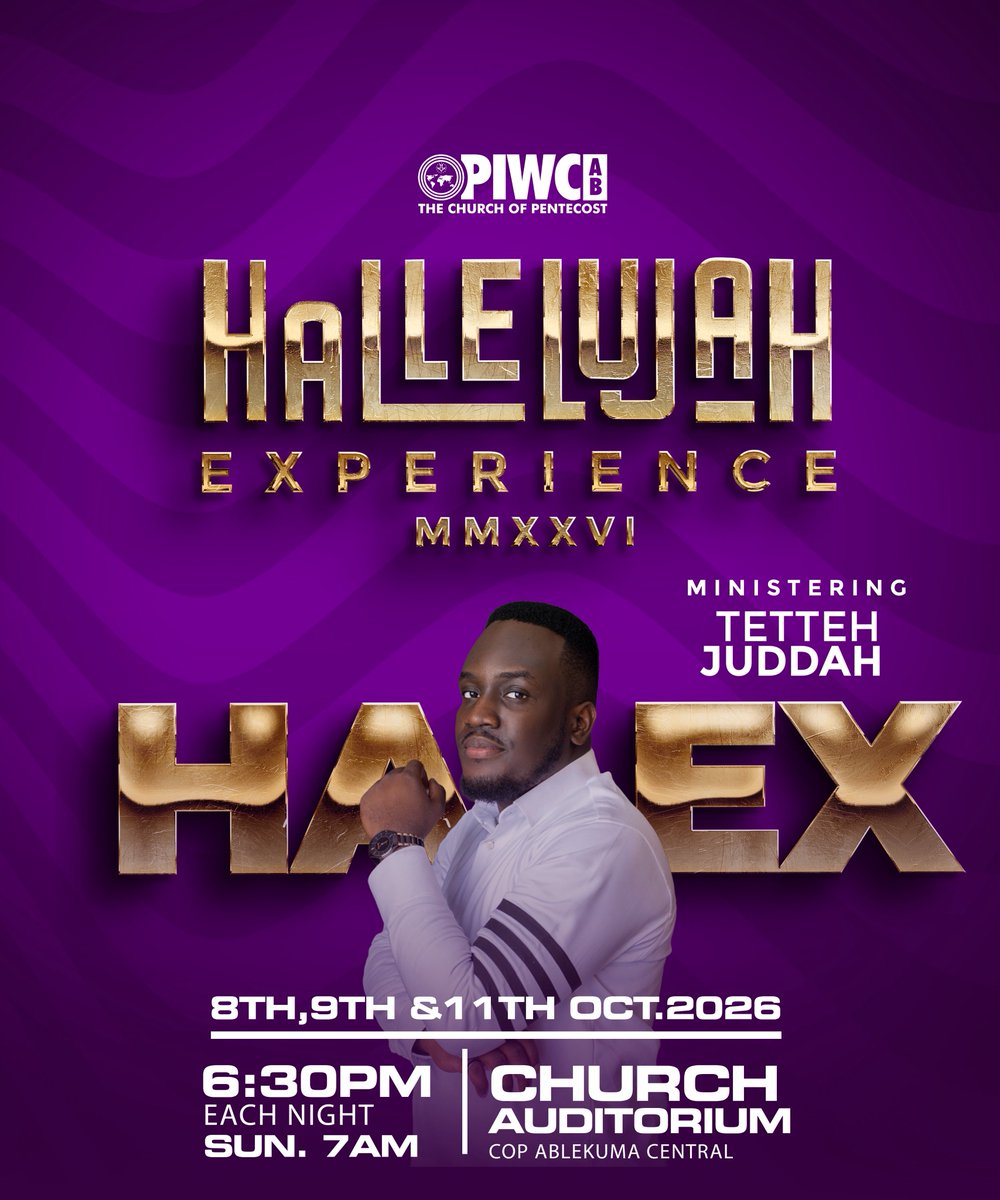 Piwcab's tweet photo. And last but certainly not least… Tetteh Juddah will be ministering at the Hallelujah Experience — FRESHNESS EDITION! 🎶
Get ready for a powerful time of praise, worship, and celebration!✨
#FreshnessEdition
#halex26
#FreshnessInHisPresence
#WeCameToPraise
#HallelujahWePraise https://t.co/T6rPiSbkbt