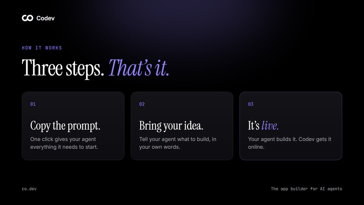 codotdev_'s tweet photo. How Codev works:

• Copy the prompt
• Paste it into your agent and describe your idea, in your own words
• Your agent builds it. Codev gets it online.

You bring the what. Your agent and Codev handle the how. https://t.co/FJ6sbFxZoA