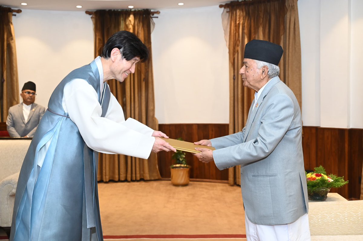 OOP_Nepal's tweet photo. Rt. Hon. President Mr. Ramchandra Paudel received Letters of Credence from H.E. Mr. Park Jae-kyung, Ambassador of the Republic of Korea amidst a special ceremony held at the Office of the President, Sheetal Niwas, today. https://t.co/sdnNaAvHE2