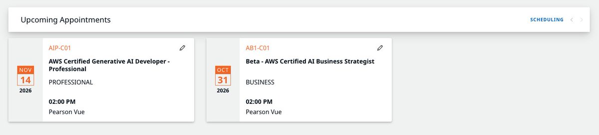 funbari_dev's tweet photo. AWS試験の50%OFF＋再受験無料キャンペーンに乗っかって、
・AI Business Strategist（ベータ） 10/31
・Generative AI Developer - Professional　11/14
にダブル挑戦！💪
課金済みなのでもう後には引けない。
明日から勉強スタート！
（最悪落ちても一つは再受験無料😆） https://t.co/sqsGgtipxE