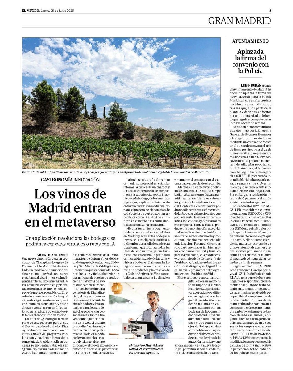 AdmonLocalCM's tweet photo. 🍇 Los vinos de Madrid viven uno de sus mejores momentos.

🍷 La @ComunidadMadrid impulsa el enoturismo con una nueva web para descubrir bodegas, experiencias y rincones únicos de nuestros #PueblosConVida.

🗞️ @elmundoes. https://t.co/LWPjgvRXHq