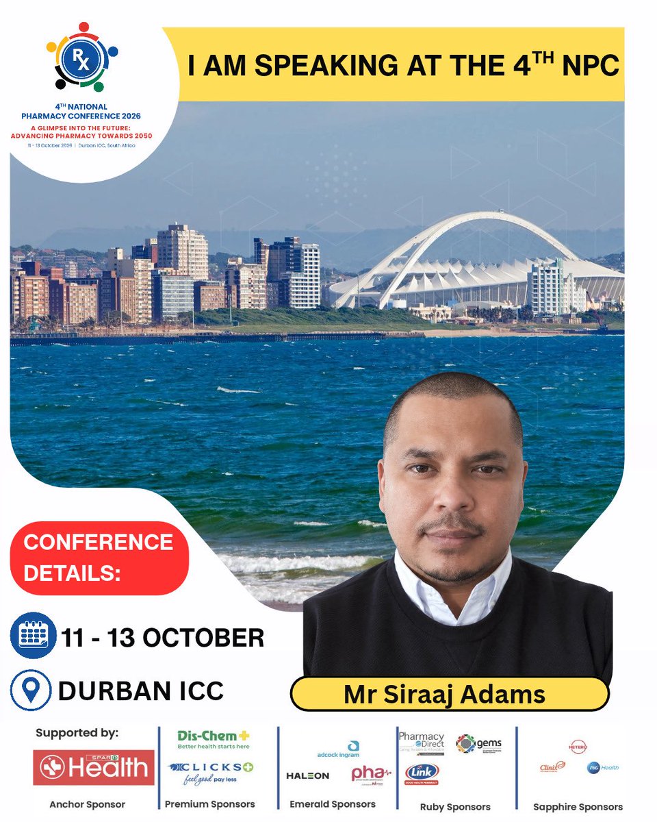 OfficialSAPC's tweet photo. 4th NPC Speaker | Mr Siraaj Adams
Introducing Mr Siraaj Adams, a South African pharmacist, healthcare innovator and digital health entrepreneur, and one of the speakers at the upcoming 4th NPC.
๐ 4th NPC | Durban ICC
๐
11โ13 October 2026
#4thNPC #NationalPharmacyConference https://t.co/jMVPmZC4Zs