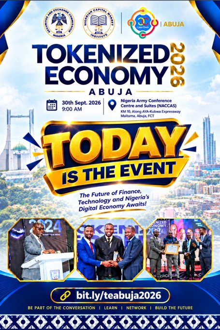 A promotional poster for "TOKENIZED ECONOMY 2026 ABUJA" event scheduled for September 30th, 2026 at the Nigeria Army Conference Centre and Suites (NACCAS), featuring photos of speakers and the URL "bit.ly/teabuja2026".