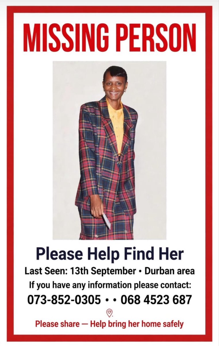 WarmieyX's tweet photo. My Aunt has gone missing , if anyone has seen her or has information please contact the number below. 

She was last seen KwaMashu ka C 🥺💔
Please share until she is found .🙏🏽 https://t.co/zPoBOgjyQt